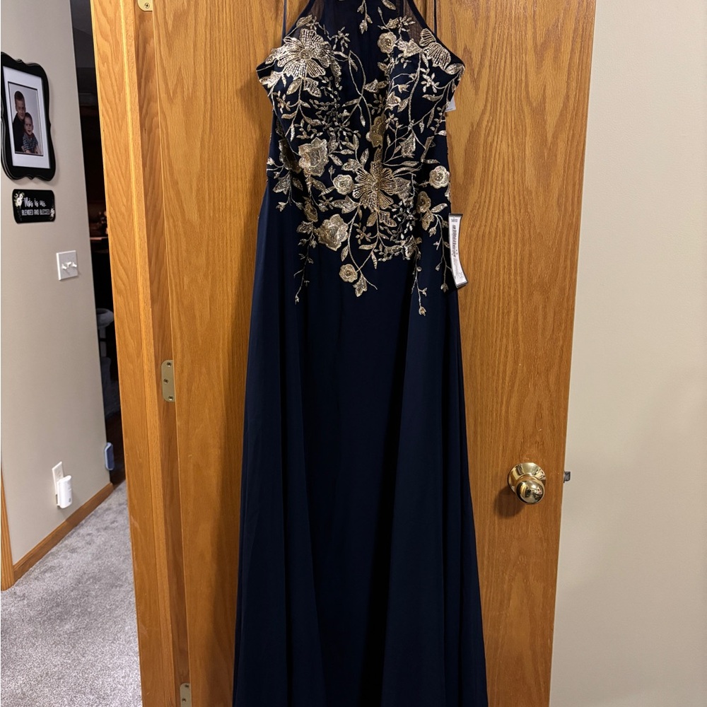 Betsy & Adam Blue Halter Maxi Gown for Prom